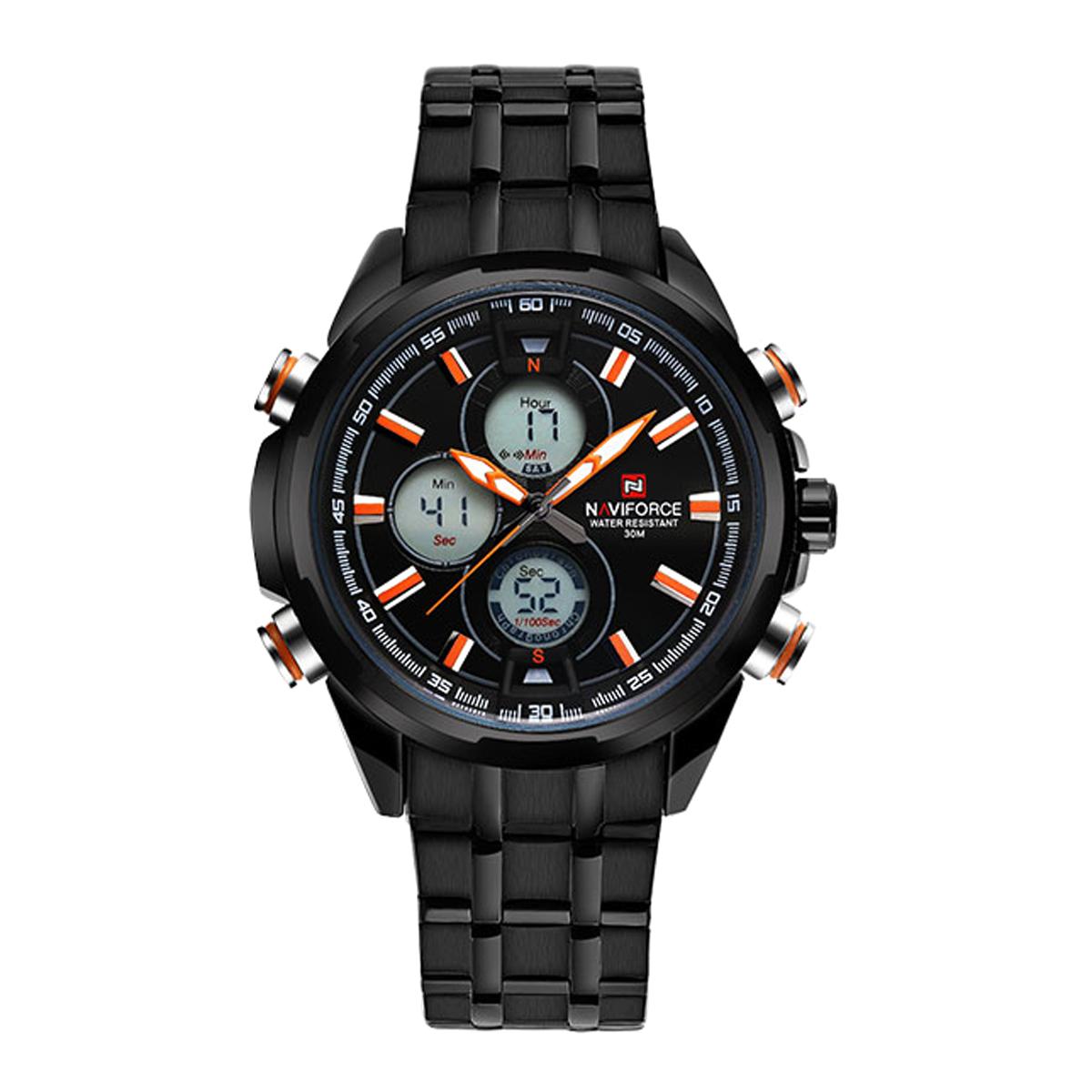NAVIFORCE NF9049 Stainless Steel Dual Time Wrist Watch for Men Orange and Black