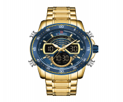 NAVIFORCE NF9189 Golden Stainless Steel Dual Time Watch For Men - Royal Blue & Golden