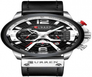 CURREN 8329: Black PU Leather Chronograph Watch for Men in White & Black