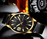 CURREN 8371 Black PU Leather Analog Watch For Men - Golden & Black