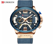 CURREN 8329 Navy Blue PU Leather Chronograph Watch For Men - RoseGold & Navy Blue