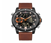 NAVIFORCE NF9172 Brown PU Leather Dual Time Wrist Watch For Men - Orange and Brown