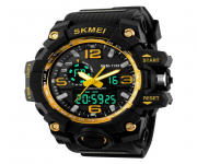 SKMEI 1155B Black PU Dual Time Sport Watch For Men - Golden & Black