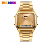 SKMEI 1220 Golden Stainless Steel Dual Time Luxury Watch For Men - Golden