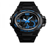 SKMEI 1517 Black PU Dual Time Watch For Men - Blue & Black