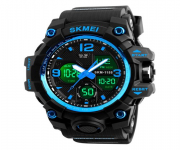 SKMEI 1155B Black PU Dual Time Sport Watch For Men - Blue & Black