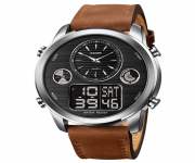 SKMEI 1653 Dark Brown PU Leather Dual Time Watch For Men - Silver & Dark Brown