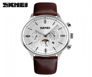 SKMEI 9117 Chocolate PU Leather Chronograph Watch For Men - Silver & Chocolate