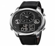 SKMEI 1653 Black PU Leather Dual Time Watch For Men - Silver & Black