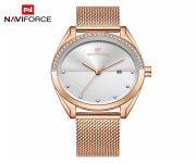 NAVIFORCE NF5015 RoseGold Mesh Stainless Steel Analog Watch For Women - White & RoseGold