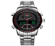 NAVIFORCE NF9024 Silver Stainless Steel Dual Time Wrist Watch For Men - Red & Silver