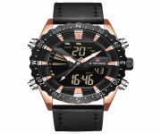 NAVIFORCE NF9136 Black PU Leather Dual Time Wrist Watch For Men - RoseGold & Black