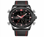 NAVIFORCE NF9138 Black PU Leather Dual Time Wrist Watch For Men - Red & Black | Shop Now for Sleek & Stylish Timekeeping