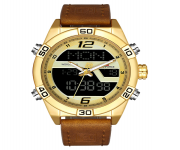 NAVIFORCE NF9128 Brown PU Leather Dual Time Wrist Watch For Men - Golden & Brown
