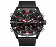 NAVIFORCE NF9136 Black PU Leather Dual Time Wrist Watch For Men - Red & Black