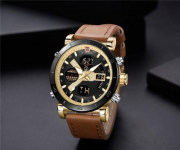 NAVIFORCE NF9132 Brown PU Leather Dual Time Wrist Watch For Men - Golden & Brown