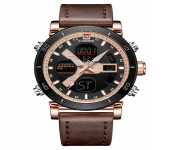 NAVIFORCE NF9132 Dark Brown PU Leather Dual Time Wrist Watch For Men - RoseGold & Dark Brown