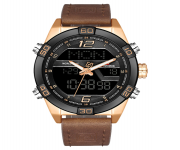 NAVIFORCE NF9128 Dark Brown PU Leather Dual Time Wrist Watch For Men - RoseGold & Dark Brown
