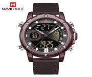 NAVIFORCE NF9172 Chocolate PU Leather Dual Time Wrist Watch For Men - Bronze & Chocolate