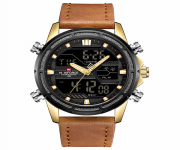 NAVIFORCE NF9138 Brown PU Leather Dual Time Wrist Watch For Men - Golden & Brown