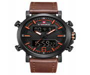 NAVIFORCE NF9135 Chocolate PU Leather Dual Time Wrist Watch For Men - Orange & Chocolate