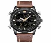 NAVIFORCE NF9138 Chocolate PU Leather Dual Time Wrist Watch For Men - Black & Chocolate