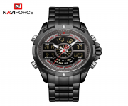 NAVIFORCE NF9170 Black Stainless Steel Dual Time Wrist Watch For Men - Red & Black