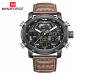 NAVIFORCE NF9160 Dark Brown PU Leather Dual Time Wrist Watch For Men - Black & Dark Brown