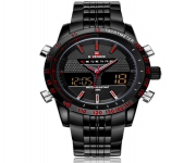 NAVIFORCE NF9024 Black Stainless Steel Dual Time Wrist Watch For Men - Red & Black