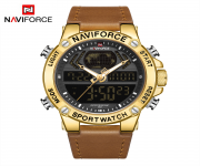 NAVIFORCE NF9164 Brown PU Leather Dual Time Wrist Watch For Men - Golden & Brown