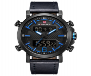 NAVIFORCE NF9135 Black PU Leather Dual Time Wrist Watch For Men - Blue & Black