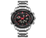 NAVIFORCE NF9050 Silver Stainless Steel Dual Time Wrist Watch For Men - Red & Silver