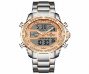 NAVIFORCE NF9190 Silver Stainless Steel Dual Time Watch For Men - RoseGold & Silver
