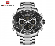 NAVIFORCE NF9189 Silver Stainless Steel Duel Time Watch For Men - Black & Silver