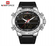 NAVIFORCE NF9164 Black PU Leather Dual Time Wrist Watch For Men - Silver & Black