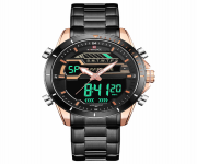 NAVIFORCE NF9133 Black Stainless Steel Dual Time Wrist Watch For Men - RoseGold & Black