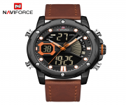 NAVIFORCE NF9172 Brown PU Leather Dual Time Wrist Watch For Men - Orange & Brown