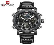 NAVIFORCE NF9160 Black PU Leather Dual Time Wrist Watch For Men - White & Black