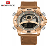 NAVIFORCE NF9181 Brown PU Leather Dual Time Wrist Watch For Men - Golden & Brown