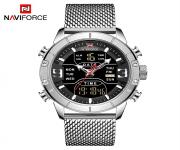 NAVIFORCE NF9153 Silver Mesh Stainless Steel Dual Time LCD Digital Wrist Watch For Men - Silver