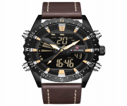 NAVIFORCE NF9136 Chocolate PU Leather Dual Time Wrist Watch For Men - Black & Chocolate