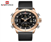 NAVIFORCE NF9153 Black Mesh Stainless Steel Dual Time LCD Digital Wrist Watch For Men - RoseGold & Black