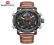 NAVIFORCE NF9160 Brown PU Leather Dual Time Wrist Watch For Men - Orange & Brown
