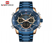 NAVIFORCE NF9189 Royal Blue Stainless Steel Duel Time Watch For Men - RoseGold & Royal Blue