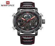 NAVIFORCE NF9160 Black PU Leather Dual Time Wrist Watch For Men - Red & Black