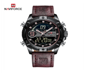 NAVIFORCE NF9146 Chocolate PU Leather Dual Time Wrist Watch For Men - Black & Chocolate