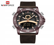 NAVIFORCE NF9181 Chocolate PU Leather Dual Time Wrist Watch For Men - Bronze & Chocolate