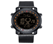 NAVIFORCE NF9130 Black Mesh Stainless Steel LED Pedometer Digital Wrist Watch For Men - Orange & Black