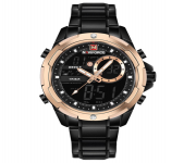 NAVIFORCE NF9120 Black Stainless Steel Dual Time Wrist Watch For Men - RoseGold Bezel & Black
