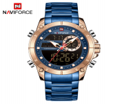 NAVIFORCE NF9163 Royal Blue Stainless Steel Dual Time Wrist Watch For Men - RoseGold & Royal Blue